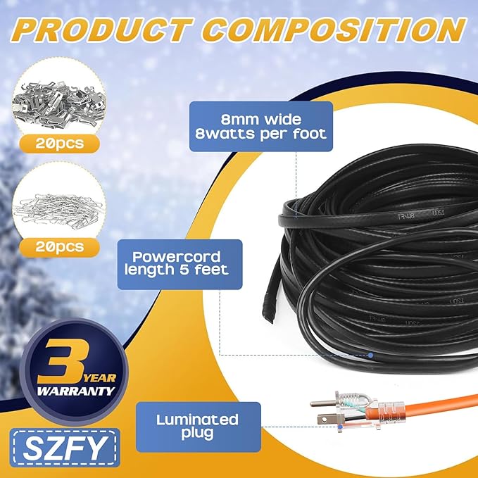 3FT~200FT Heat Tape for Water Pipes, -40°F Deicing Cable,Pipe Heat Cables for Roof,Gutter，Farm，Freeze Protetion Heating Wires, Heated Water Hose,Plumbing Fixtures,120V 5W/FT (80FT)