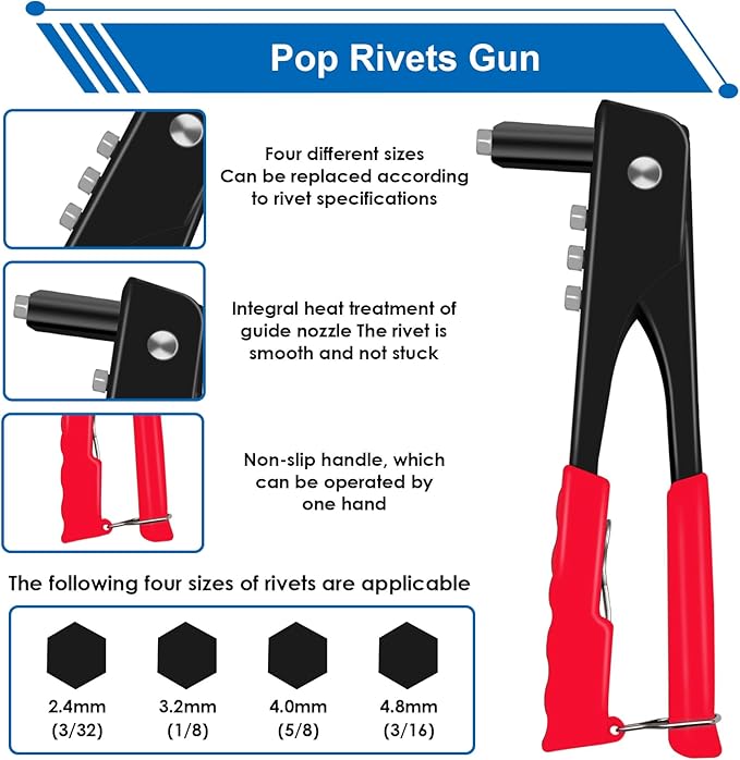 smseace 1001Pcs Pop Rivet Gun Kit Black Pop Rivets, Large Flange Rivets, Washers and Rivets Gun Tool Packed in Portable Toolbox with Color Label for Metal, Furniture, Automotive, Instruments