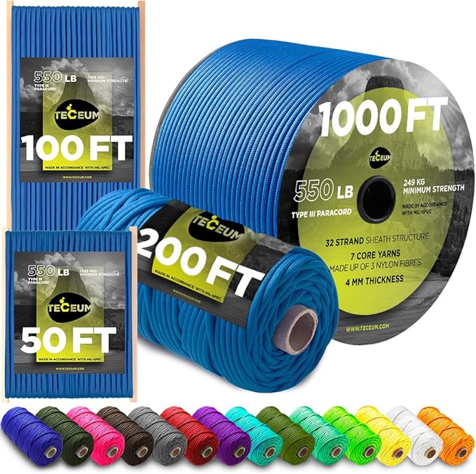 TECEUM 5/32" Paracord Rope 1000 – 1000ft / 200ft / 100ft / 50ft – Tactical Parachute Cord 4mm – 45+ Colors – Nylon String for Survival & Camping Gear – Stripe Cord for Survival – Utility Rope