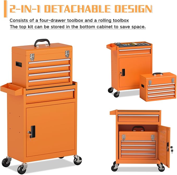 5-Drawer Rolling Tool Chest,Garage Storage Tool Box with Wheels,Lockable and Detachable Tool Cabinet,Heavy Duty Metal Tool Cart with Wheels for Garage,Warehouse,Workshop (Orange)