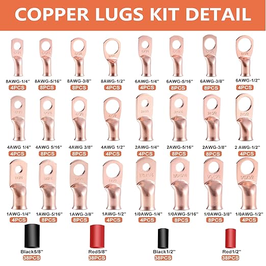 296PCS Ring Terminal Connectors Battery Copper Wire Lugs AWG 8 6 4 2 1 1/0 5/16", 3/8", 1/4", 1/2" with Heat Shrink Tubing Set, 144Pcs Battery Cable Ends and 152PCS Heat Shrink Tubing