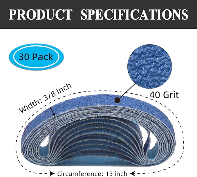 30 Pcs 3/8 x 13 Inch Zirconia Sanding Belts, 3/8x13 Sanding Belts 40 Grit for Air Belt Sander, Zirconia Sanding Belts for Woodworking, Metal Polishing, Derusting (3/8x13in, 40 Grit)