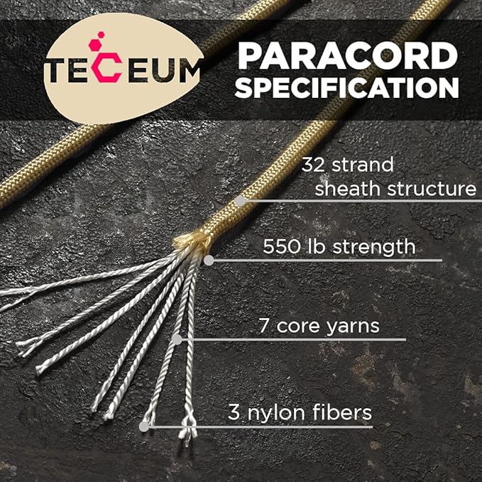 TECEUM 5/32" Paracord Rope 1000 – 1000ft / 200ft / 100ft / 50ft – Tactical Parachute Cord 4mm – 45+ Colors – Nylon String for Survival & Camping Gear – Stripe Cord for Survival – Utility Rope