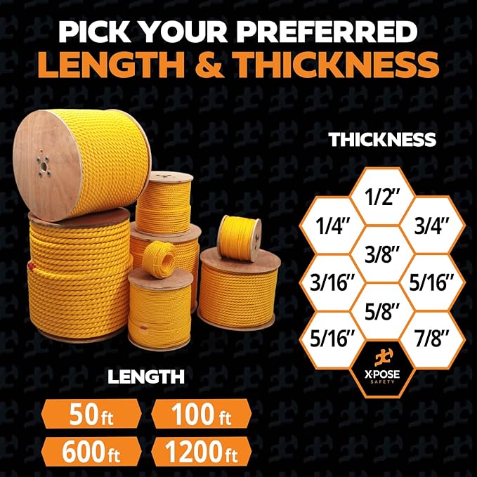 Yellow Twisted Polypropylene Rope, 1/4" Thickness x 100' Length Heavy Duty Poly Ropes for Outdoor and Marine Use, Yellow Rope for Visibility & Safety