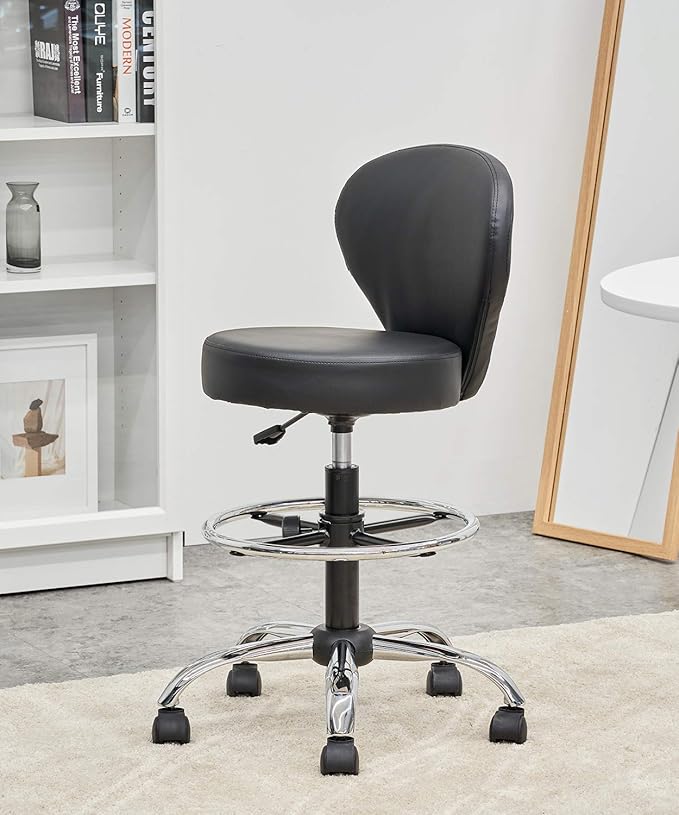PVC Faux Leather Drafting Chair Rolling Swivel Salon Stool Seat Adjustable Height 30 Inch with Back Support Foot Rest Hydraulic Wide Seat Diameter 15 in for Tattoo Beauty Barber Lash