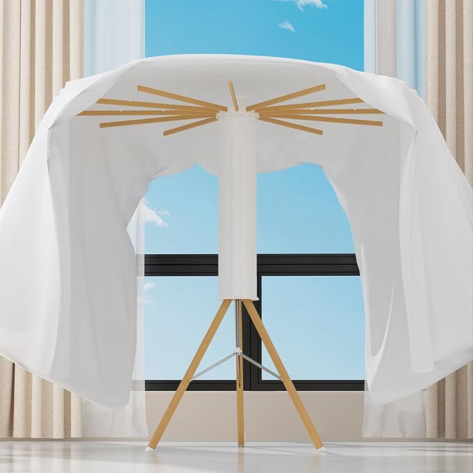 Tripod Drying Rack Portable, Foldable Drying Rack Clothing with 12 Wood Drying Arms, Standing Laundry Hanger Rack Round Collapsible & Portable Handle for Laundry Room, Balcony, Bedroom, RV