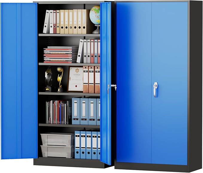 Pataku Metal Storage Cabinet, 72" Garage Cabinet with Doors and Shelves Lockable Steel Multifunctional Cabinets, File Cabinets for Home, Office, Warehouse(Black Blue)