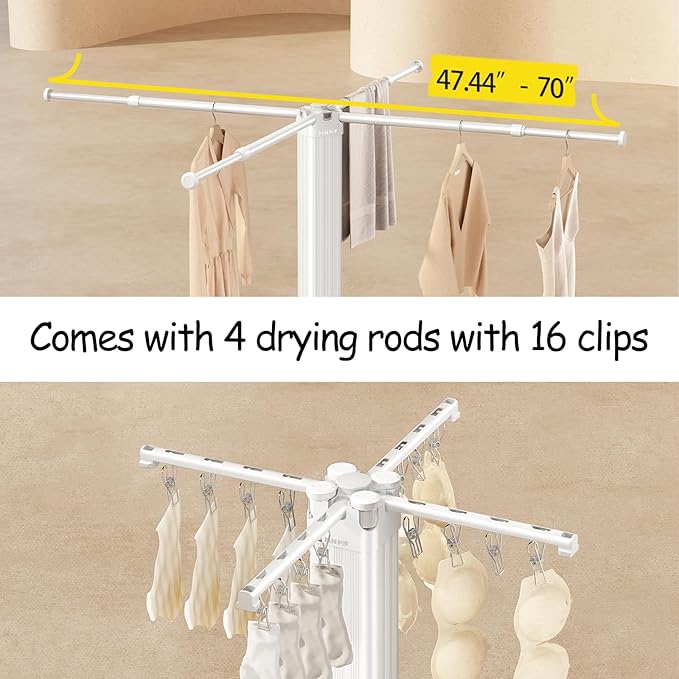 Laundry Drying Rack with 16 Clips Clothes Drying Rack Foldable Collapsible Clothing Rack Retractable Length Space-Saving for Laundry Room Camping Indoor Outdoor
