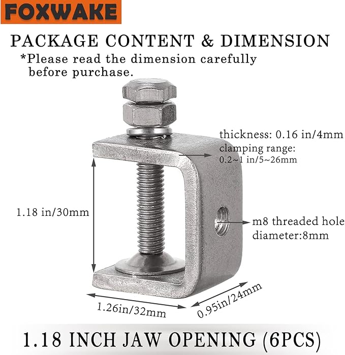 Stainless Steel C Clamps Mini 1 Inch for Mounting, Heavy Duty Metal U Clamps for Metal Working, Small Desk Clamp with Stable Wide Jaw Opening & Protective Pads/I-Beam Design (2pcs)