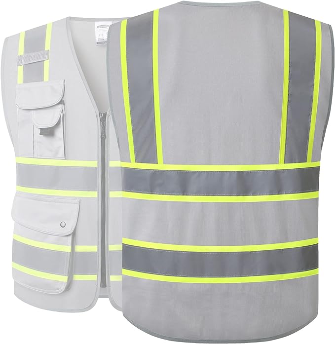 JKSafety 9 Pockets Hi-Vis Fluorescent Color Zipper Front Safety Vest with Neon Color Extended Yellow Trims for Men and Women Work Safety Utility (901-Grey 4XL)