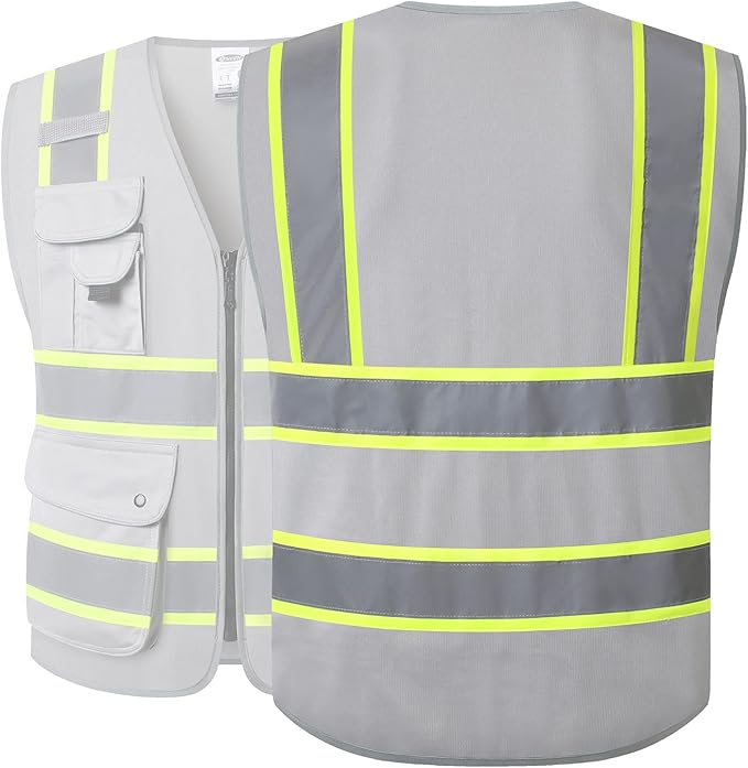 JKSafety 9 Pockets Hi-Vis Fluorescent Color Zipper Front Safety Vest with Neon Color Extended Yellow Trims for Men and Women Work Safety Utility (901-Grey 3XL)