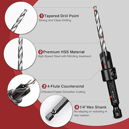 15PCS Countersink Drill Bit Set, Adjustable Tapered Counter Sink Drill Bits with 2PCS Wood Plug Cutter, 1/4" Hex Shank Quick Change for Woodworking with Storage Case