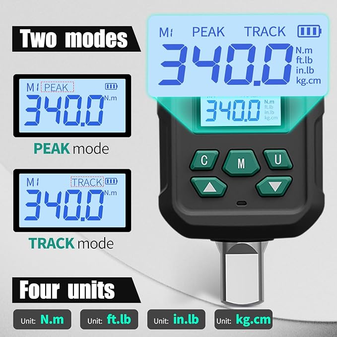 1/2-Inch Drive Digital Torque Adapter, 12.5-250 ft-lb (17-340 Nm), ±2% Accuracy - Electronic Torque Meter Gauge & Checker with Buzzer & LED Alerts for Automotive, Truck, SUV Lug Nuts