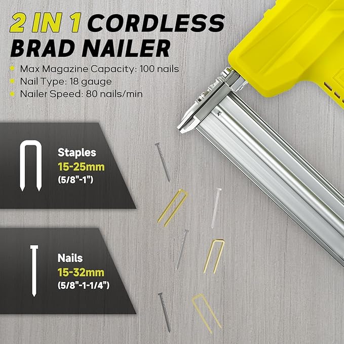 Cordless 18 Gauge Nailer Gun for DeWalt 20V Max Battery, 18 GA 2 in 1 Brad Nailer/Staple Gun with Pack of Nails and Staples Nail Gun for Home Improvement & Woodworking(No Battery)
