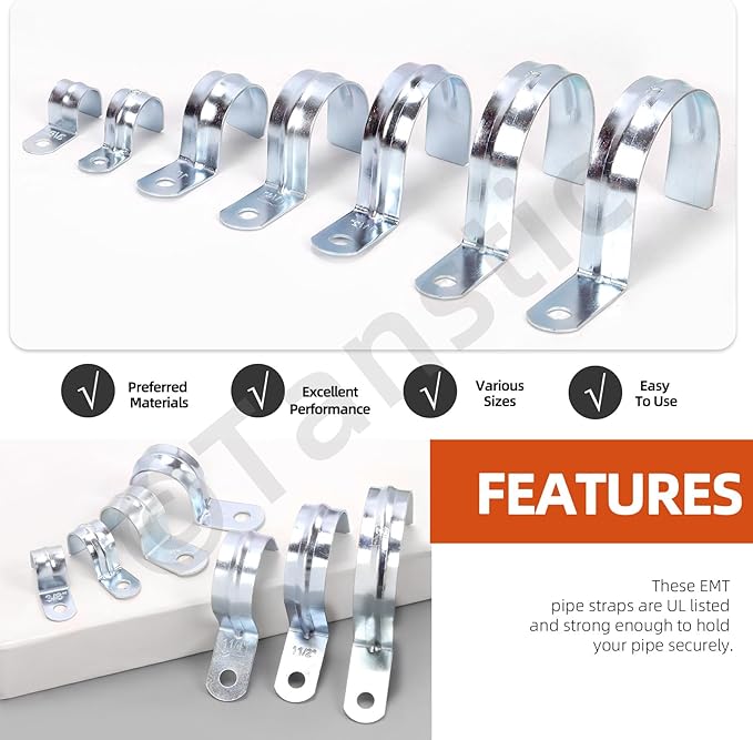 Tanstic 20Pcs 1-1/2 Inch EMT Pipe Strap Zinc Plated Steel One Hole Strap Conduit Clamp Rigid Pipe Strap for Pipe Fixing