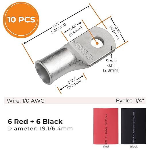 SELTERM 10pcs - 1/0 Awg - 1/4" Stud - Battery Lugs - Ring Terminal Connectors with 12pcs 3:1 Black & Red Heat Shrink Tubing with Adhesive | Heavy Duty Battery Cable Ends - Tinned Copper Wire Lugs Kit