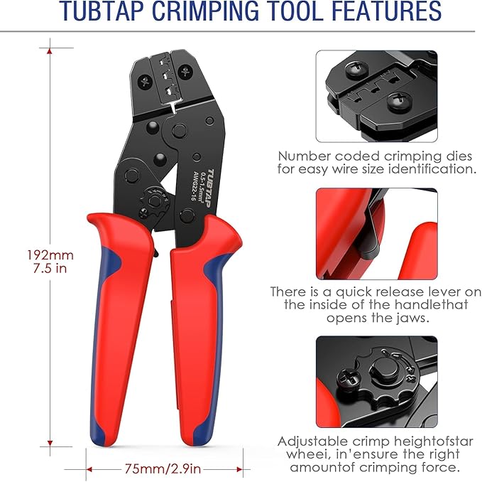 TUBTAP Crimping Tool for Non-Insulated Terminal, AWG 22-16 Ratcheting Wire Crimper with 300PCS Female Spade Connector Terminal Crimper