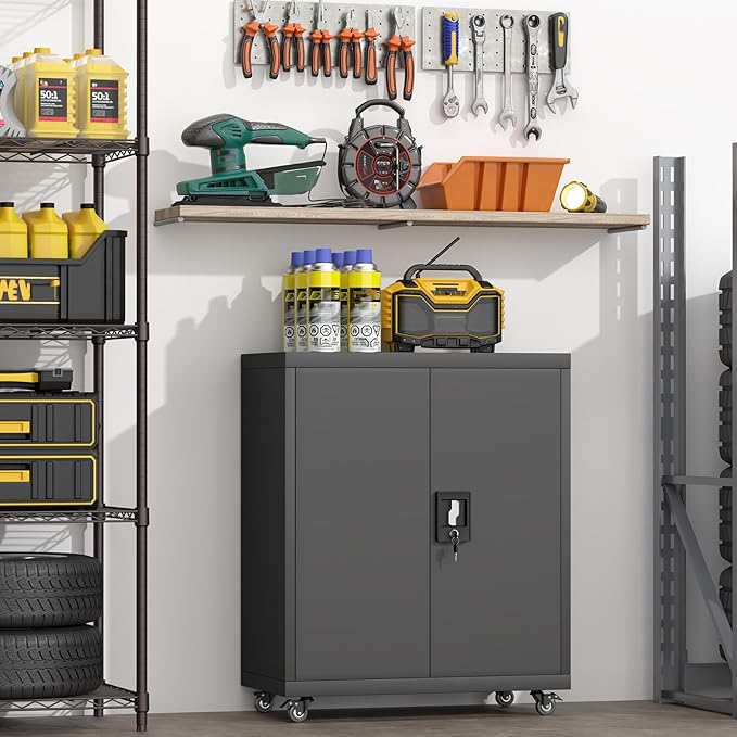 GREATMEET Metal Garage Storage Cabinets with Wheels, 31.5" H Locking Storage Cabinet with Doors and Adjustable Shelves for Garage, Office, Home (Black)