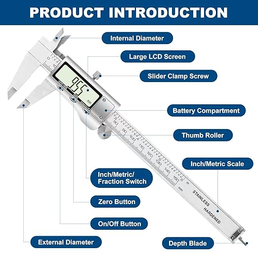 Digital Caliper Measuring Tool, 6 Inch Stainless Steel Vernier Caliper Digital Micrometer with Large LCD Screen, Auto-Off Feature, Easy Switch from Inch Metric Fraction