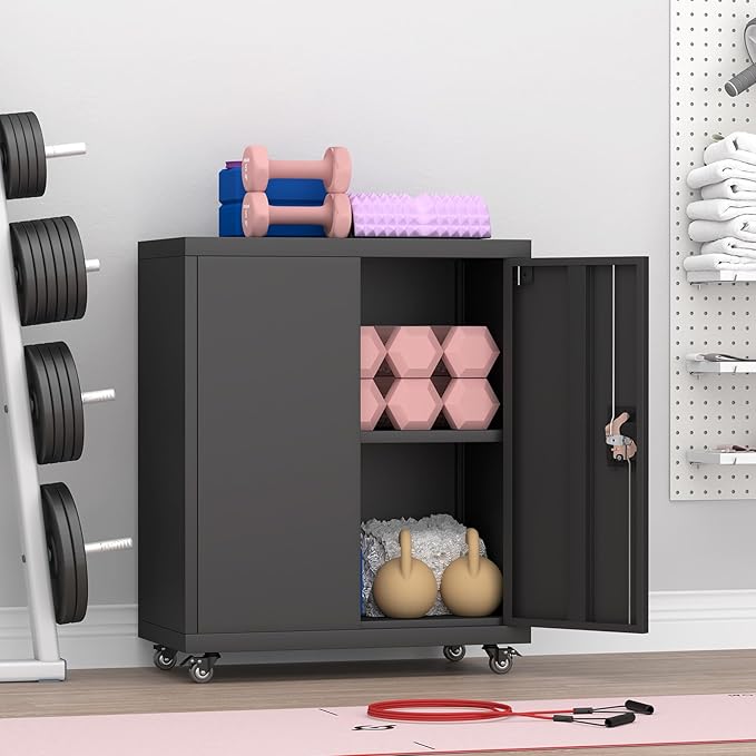 GREATMEET Metal Garage Storage Cabinets with Wheels, 31.5" H Locking Storage Cabinet with Doors and Adjustable Shelves for Garage, Office, Home (Black)