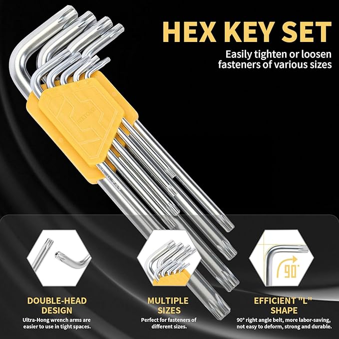 Torx Wrench Set Star Key Cr-V T-Handle – 9PCS Torx Allen Key Set, T10–T50, Chrome Vanadium Steel, Silver Finish, Long Arm, for Electronics, Furniture Screws, Automotive Fixes