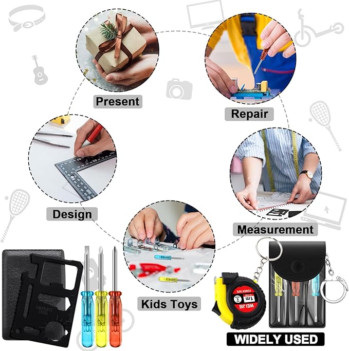 216 Pcs Mini Tape Screwdriver Keychain Set Christmas Men Gifts Bulk Adult Party Favors Multitool Pen Card Tool Measuring Keychains Stocking Christmas Stuffers for Men Dad (Multicolor)