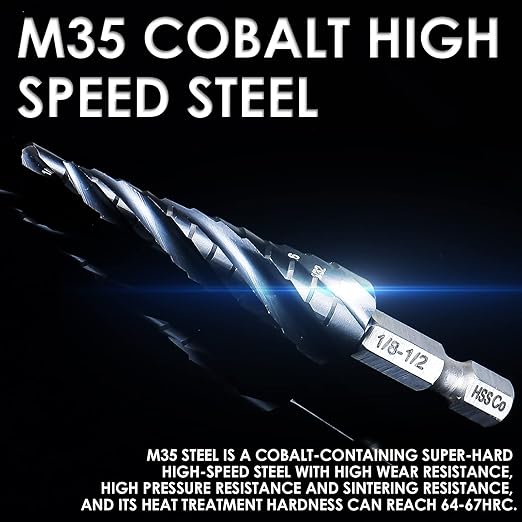 M35 Cobalt Step Drill Bit, Four Spiral Flute Unibit Step Drill Bit (1/8"-1/2") Wear-Resistant TiAlN Coated, 1/4" Hex Shank for Metal, Carbon Steel, Stainless Steel, Wood, Plastic (13 Size)