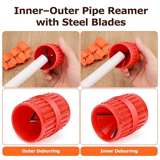 1/4''–1'' Depth Gauge and 1/8'' to 1-5/8'' Pipe Deburring Tool Kit, Plumbing Tool Set with Inner-Outer Reamer and Chamfer Tool for PVC, PPR, CPVC, Copper, Brass, Aluminum Tubing, 2 Pack