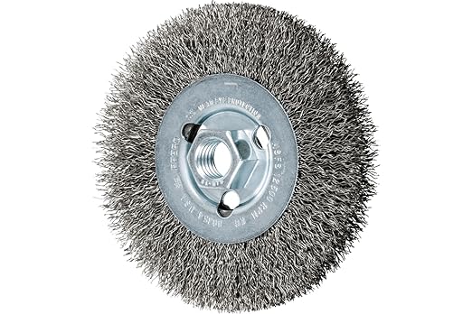 PFERD Crimped Wheel Brush, Stainless Steel Wire, 4-1/2" Diameter, 5/8-11 Thread, 0.014 Wire Size, 15/16" Trim Length, 1/2" Face Width, 12500 max RPM - Part 80354