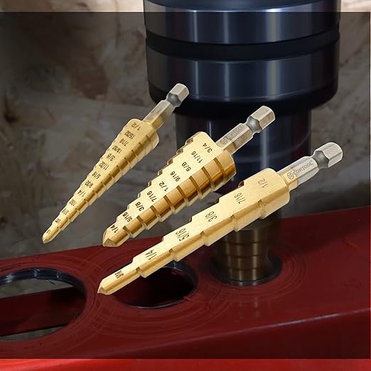 Titanium Step Drill Bit Set - 3PCS High Speed Steel Unibit, 1/4" Shank, Total 28 Sizes 3/16" - 1/2"