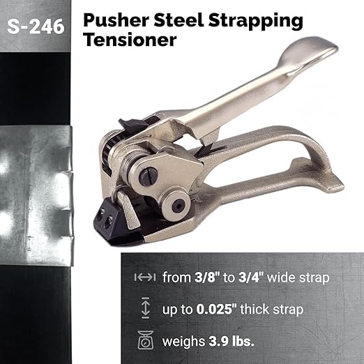 IDL Packaging S-246 Deluxe Pusher Tensioner for 3/8" to 3/4" Steel Strapping - Perfect for Both Round and Flat Packages - Heavy-Duty Steel Strapping Tool with Long Service Life