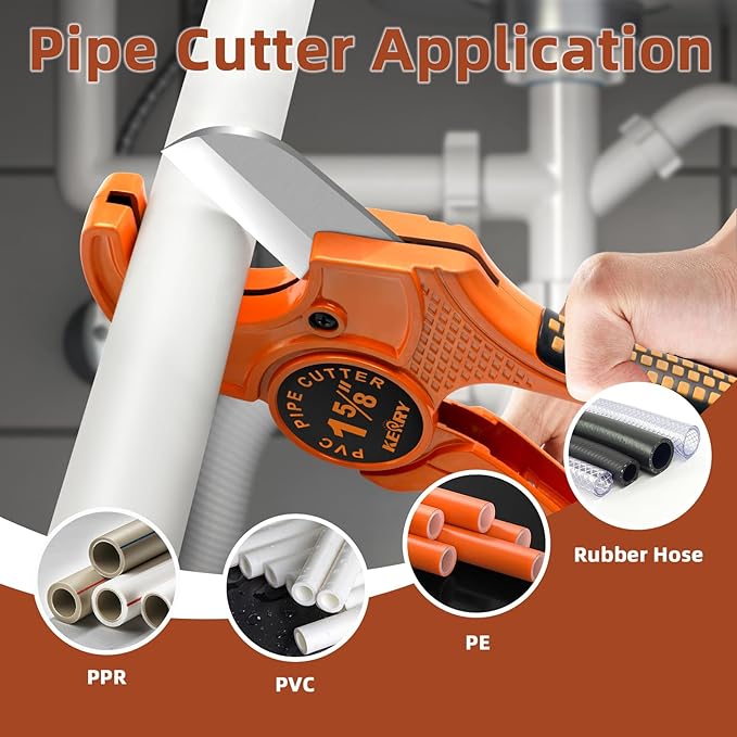 Kerry PVC Pipe Cutter, Up to 1-5/8" Ratcheting Heavy-Duty PEX POLY PE Plastic Hoses and Plumbing Tube Cutting Tool, Sharp Stainless Steel Blades, Thicken Aluminum Body Extended Handle