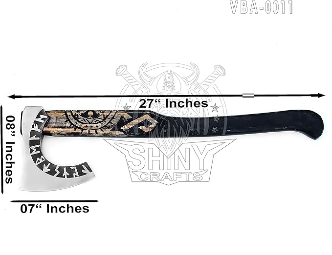 SHINY CRAFTS Viking Axe - 27" Helm of Awe Carved Axe with Engraving, Medieval Tomahawk, Genuine Leather Sheath (SCA-11)