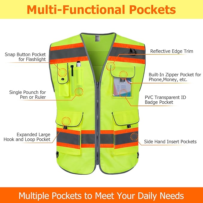 TCCFCCT Hi Vis Vest 9 Pockets High Visibility Reflective Safety Vest for Men Women, Construction Work Vest with Fluorescent Orange Extend Edge, Durable to Use, Meets ANSI/ISEA, (DB-Yellow, Medium)