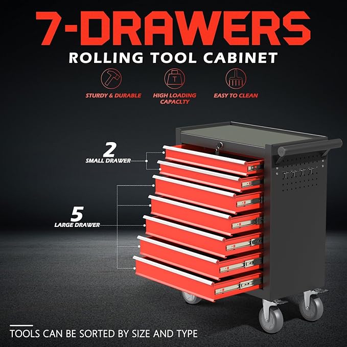 7-Drawer Rolling Tool Chest,Metal Rolling Tool Chest with Wheels and Locking Tool Box,Portable Metal Tool Box for Warehouse,Garage, Repair Shop, Workshop (Blackred, 7-Drawer)