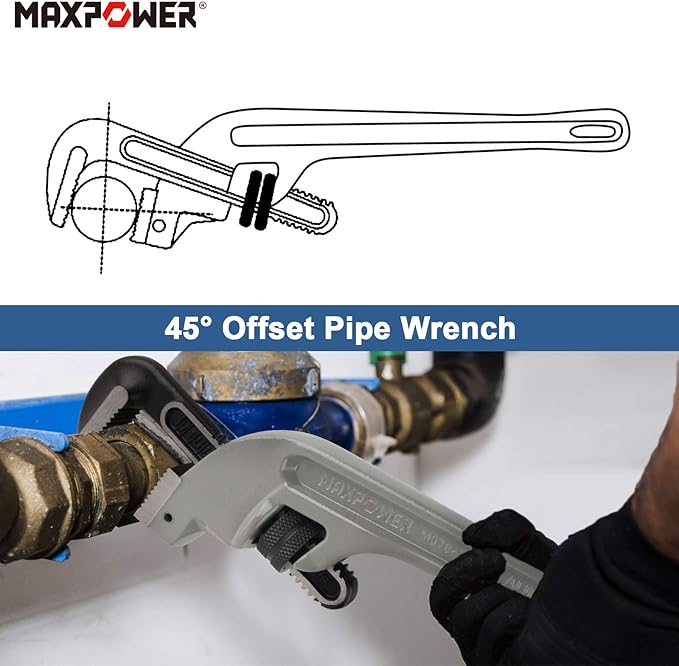 MAXPOWER 18-inch Pipe Wrench, Heavy Duty End Pipe Wrench Aluminum 45 Degree Angled Plumbing Wrench