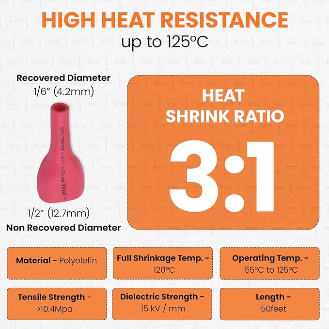 SELTERM 1/2" Red [50 Feet] Marine Grade Heat Shrink Tubing Roll, 3:1 Ratio Dual Wall Adhesive Lined Waterproof Heat Shrink Wrap Tube, for Battery Cable Lugs Wire Terminals Connectors