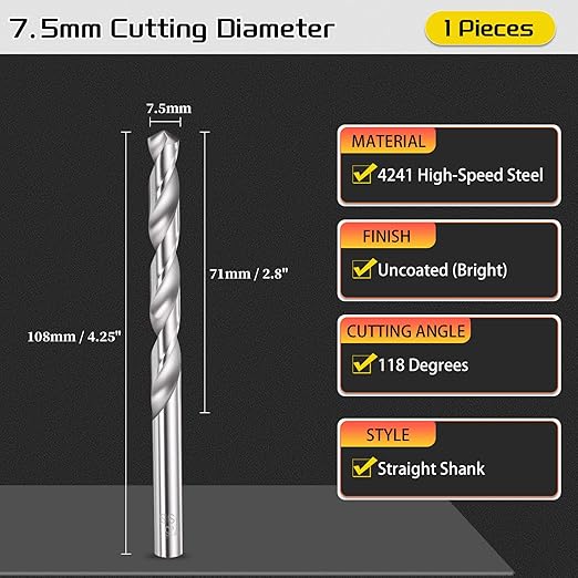 Drill Bit, 7.5mm Cutting Diameter, 4241 HSS 118° Cutting Angle Uncoated Bright Versatile Jobber Bits - (Applications: for Drilling Plastic Wood Soft Metal), 1-Pieces