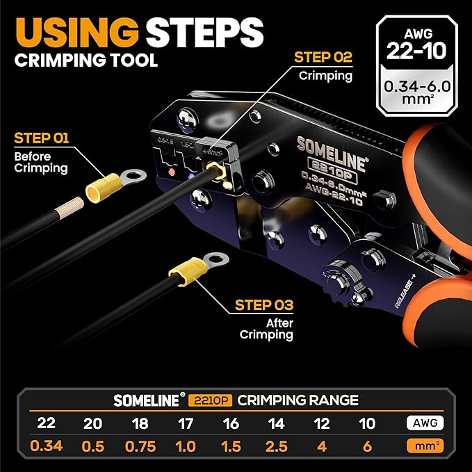 SOMELINE Wire Terminals Crimping Tool, with 39 Sizes Insulated Ratcheting Terminals Crimper Kit of AWG 22-10 Insulated Electrical Butt Bullet Spade Fork Ring Spade Splice Crimp Terminals