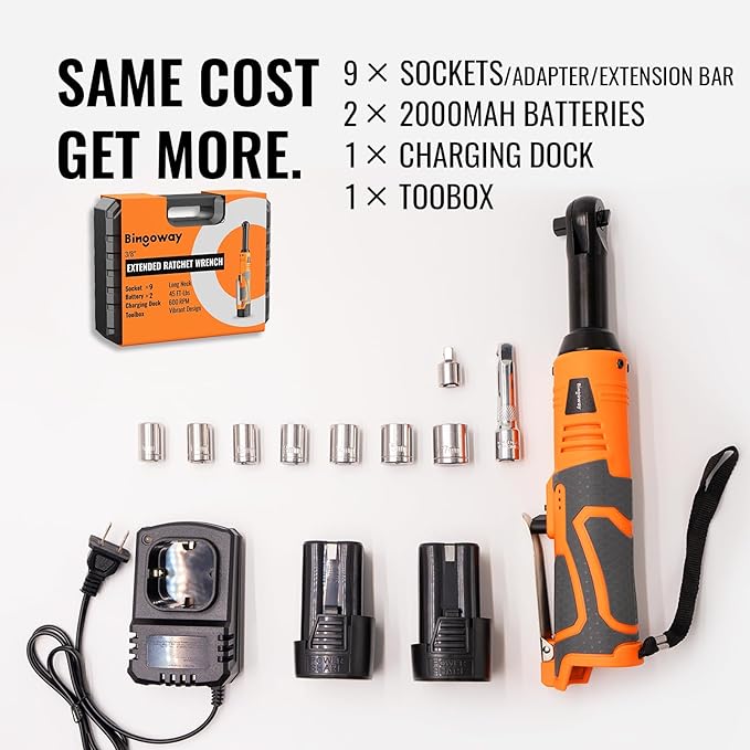 3/8" Extended Electric Ratchet Wrench Set, 45ft-lbs 600 RPM Cordless Long Neck Power Ratchet Wrench Kit with 2pcs Batteries, LED Light, 9 Sockets, Toolbox, Variable Speed, For Housework, Car Repair