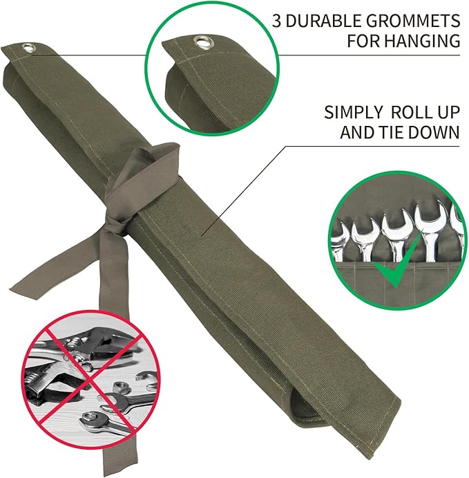 Tool Organizers,16 Pocket Wrench Pouch,Metric or SAE,Wrench Bag and Wrench Roll Up Pouch,Used for Wrench Organization and Tool Storage(Olive color)