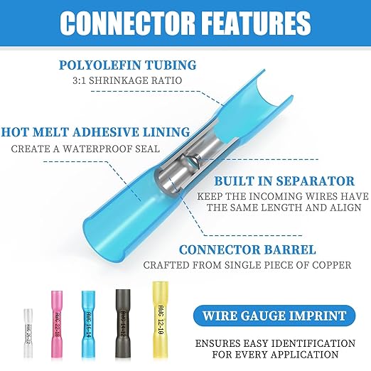 525PCS Heat Shrink Butt Connectors Blue 16-14 AWG, Marine Grade Tinned Red Copper Crimp Splice Terminals Insulated Waterproof Electrical Wire Connectors for Marine,Truck,Stereo