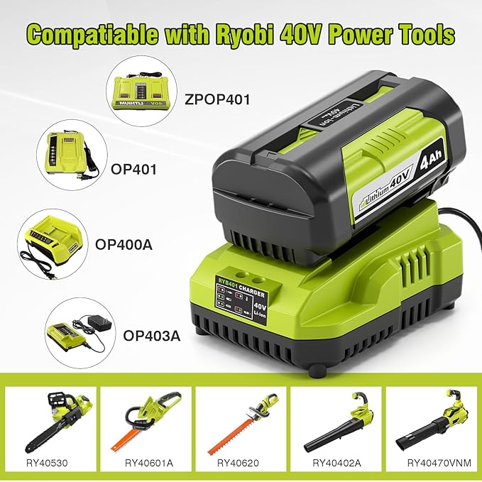 Fast Charging 40V 4.0Ah Lithium-Ion Battery and Charger Kit - Replacement for Ryobi 40V Battery and Charger OP401, Compatible with Ryobi 40Volt Power Tools