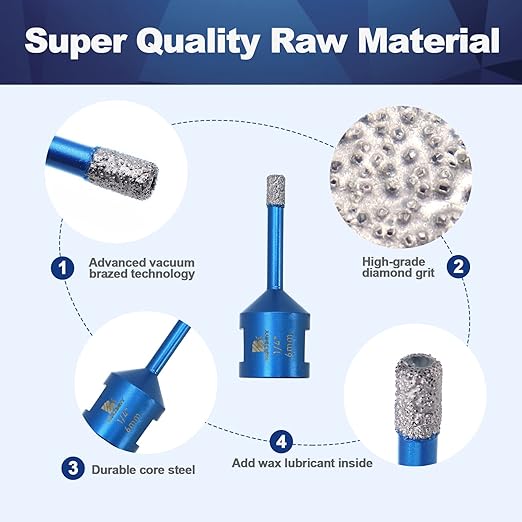 1/4 Inch Diamond Core Drill Bit for Porcelain Tile Ceramic Marble Granite Drilling,BRSCHNITT 1pc Vacuum Brazed Diamond Hole Saw with 5/8-11 Thread (6mm)