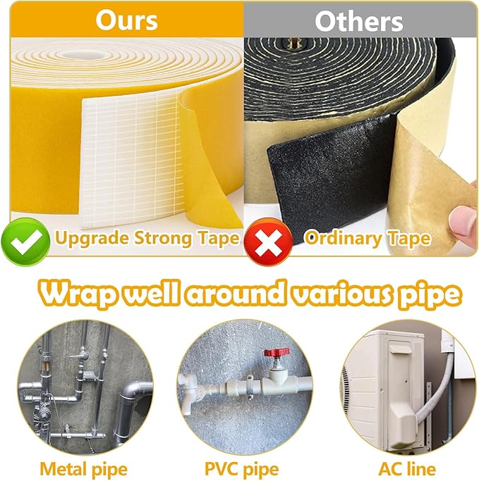 Pipe Insulation Tape, Pipe Wrap Insulation Foam Tape Self Adhesive, Outdoor Water Pipe Insulation Roll for HVAC, AC Line Insulation, 2 inch x 16.5 FT Heat Tape for Water Pipe, White