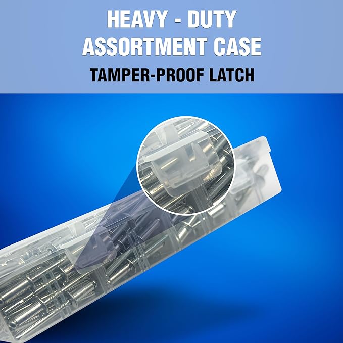 New Age America® 342pcs Blind Pop Rivets & Backup Washers | 3/32" to 1/4" | Silver | 14 Sizes | SAE Size Aluminum Rivets & 304 Stainless Steel Backup Washer | Rivet Kit w Steel Mandrel | Labelled Case