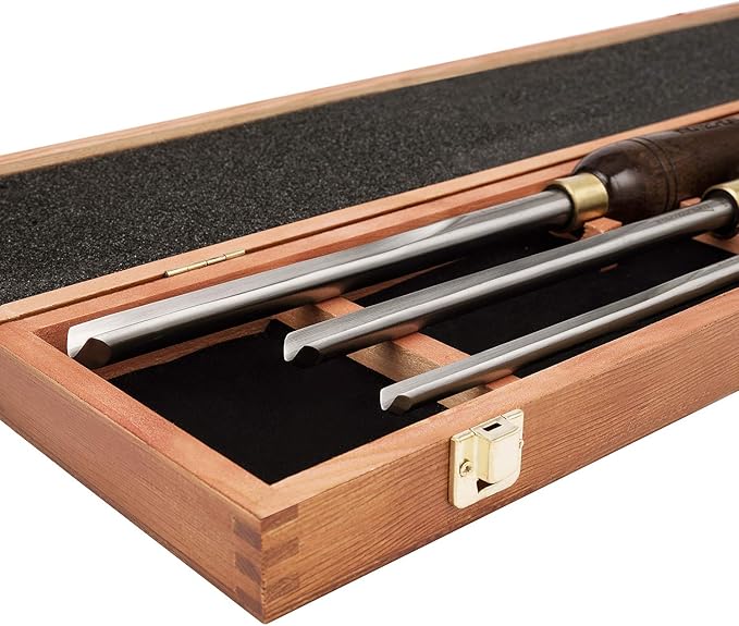 3-Pieces HSS Bowl Gough Lathe Chisel Set Wood Turning Tools with Wooden Box, 1/4-Inches, 3/8-Inches and 1/2-Inches