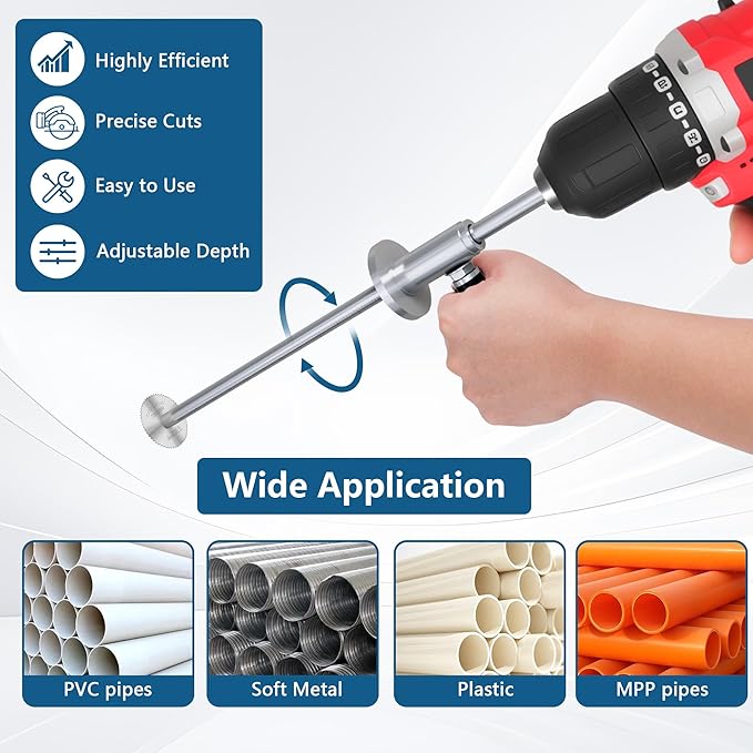 Inside Pipe Cutter for Pvc Pipe with Handle and Diamond Grit Cutting Wheel, Pvc Cutter Tool for Drill, 7 inch Adjustable Cutting Depth Gauge Guide with 1/4" Hex Shank