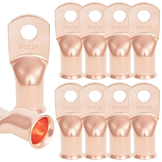 10PCS 4/0AWG - 3/8''Stud Heavy Duty Copper Terminals,Battery Cable Crimp Lugs,Battery Cable Ends,Bare Copper Eyelets Tubular Ring Terminals,Closed End Crimp Electric Connectors