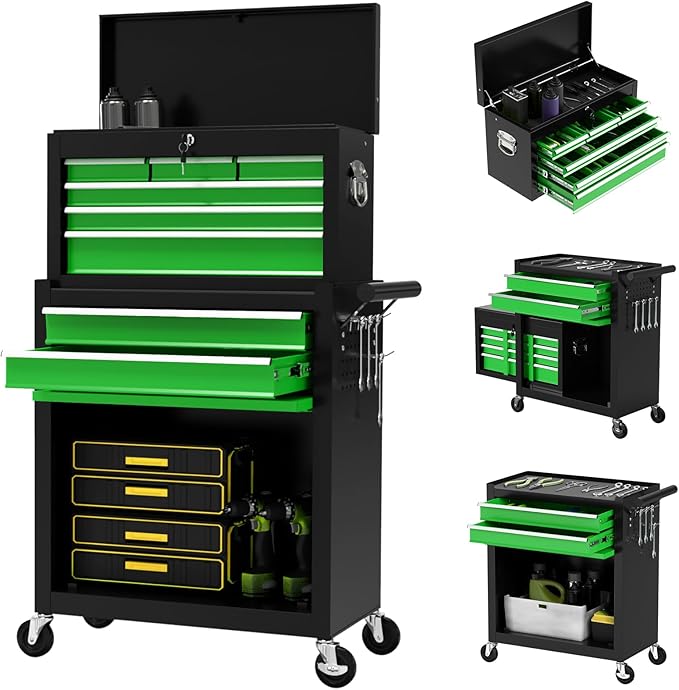 8-Drawer Rolling Tool Chest with Wheels, 2-in-1 Detachable Tool Box with Drawers and Large Cabinet, Rolling Tool Chest Storage Cabinet with Lockable for Warehouse, Garage, Workshop (BlackGreen)